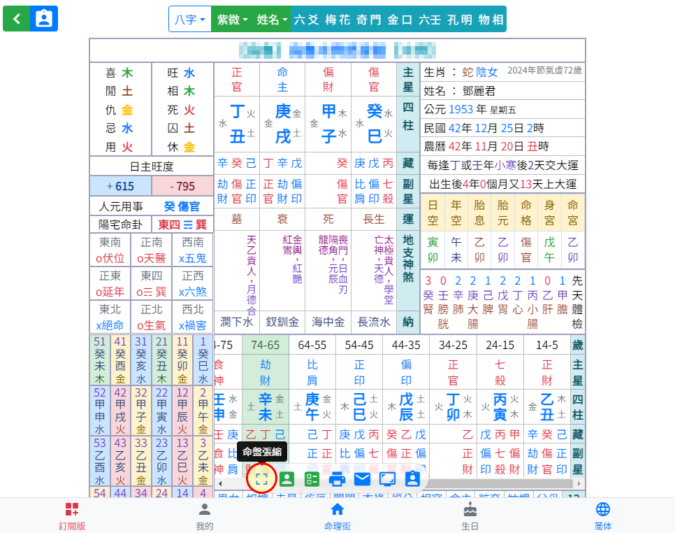 全螢幕命盤顯示